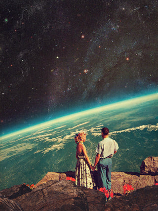A couple holds hands on a mountaintop, gazing at Earth and stars in a surreal cosmic landscape.