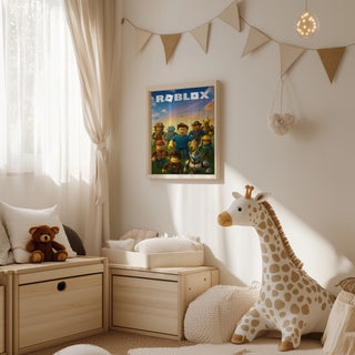 Children's room with a Roblox poster on the wall, plush giraffe, teddy bear, and cozy neutral decor.