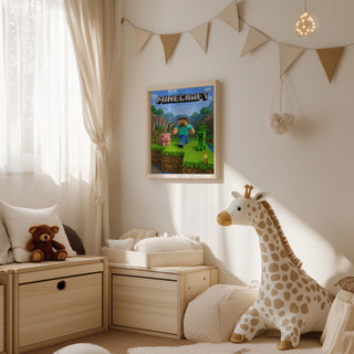 Minecraft poster featuring characters and landscape, framed on a nursery wall with soft toys and light wood furniture.