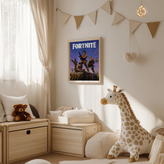 FortNite Arms Poster hanging on a nursery wall above wooden storage boxes and a plush giraffe toy.