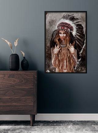 Framed "Fearless" poster with a powerful portrait, displayed above a dark wood dresser in a modern living room.