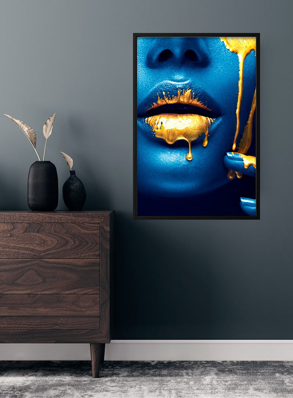 poster fashion Golden lips on blue skin