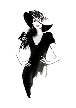 Elegant illustration of a woman in a black dress and wide-brimmed hat, featured on a stylish poster.