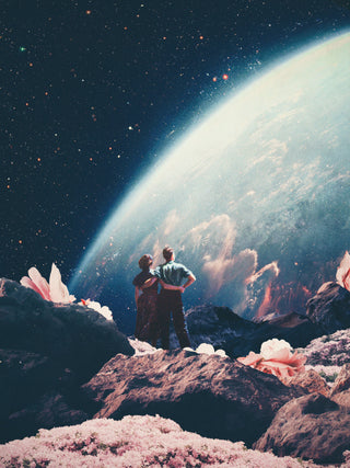 Two people stand on a rocky landscape with crystals, gazing at Earth from space; Often Mistaken for Absent artwork.