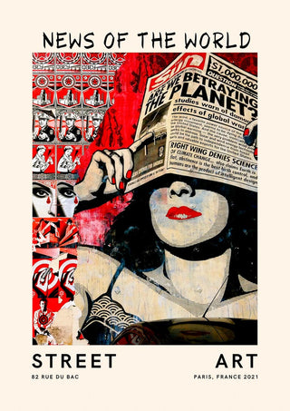 Poster for "Street Art - News of the World no.2" featuring a stylized woman with collage newspaper elements.
