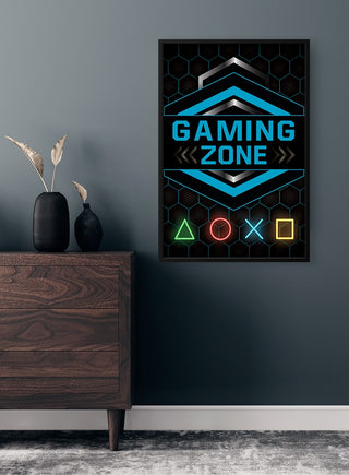 Fortnite Gamer Plakat featuring "Gaming Zone" text and colorful gaming symbols on a wall above a dark wood dresser.