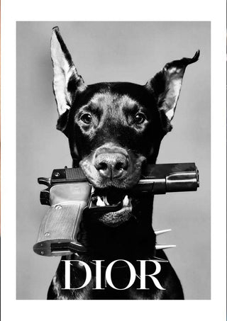 A black dog holding a pistol in its mouth with the word "DIOR" written below in bold letters.