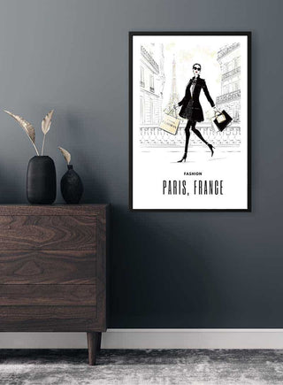 Poster of a stylish woman walking in Paris, holding shopping bags, with "Fashion in Paris, France" text.