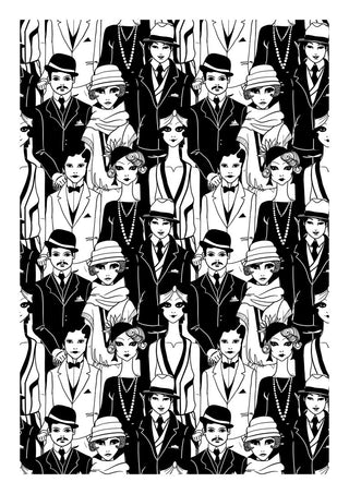 Black and white illustration of vintage-dressed men and women, featured on the Old School People Plakat product page.