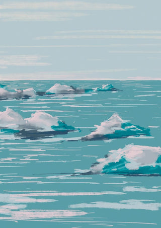 Digital art of floating icebergs in calm blue water under a cloudy sky, featured on the Seascape Plakat product page.