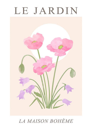 Poster featuring pink poppies and purple flowers with "Le Jardin" text above and "La Maison Bohème" below.