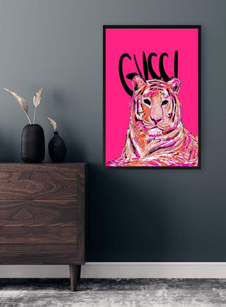Gucci Tiger Fashion No 02 Plakat featuring a vibrant tiger illustration on a bold pink background, displayed on a wall.