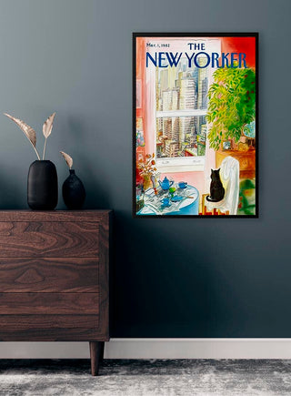 Art print of a cat sitting by a sunlit window overlooking city buildings, displayed in a modern room.