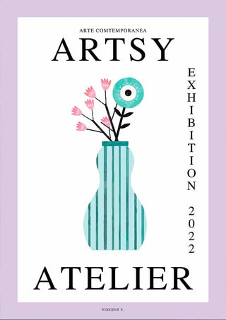 Illustration of a blue striped vase with pink flowers, featured on the Blue Vase - Vincent V. product page.