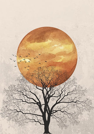 Bare tree silhouette with birds flying before a large orange sunset, art by Vincent V titled "Meeting at Sunset".