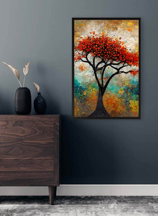 Framed "Tree of Life" painting by Thomas Nordentoft hanging on a gray wall above a wooden dresser.