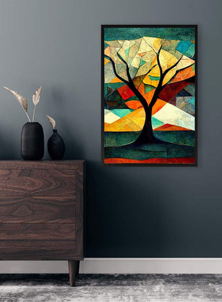 Tree of Life Collage by Thomas Nordentoft hanging on a dark wall above a wooden dresser with vases.