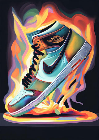 Colorful Air Jordan sneaker illustrated with vibrant flames in the background, by artist Danii Steinfeldt.