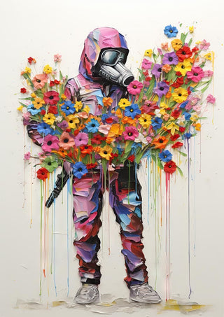 A soldier in a gas mask holds vibrant, colorful flowers; inspired by Banksy.