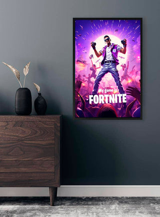 Framed Fortnite poster featuring a triumphant character, displayed above a wooden dresser in a modern room.