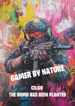 Colorful CS:GO poster featuring a soldier with rifle and text: "Gamer by Nature, CS:GO, The Bomb Has Been Planted."