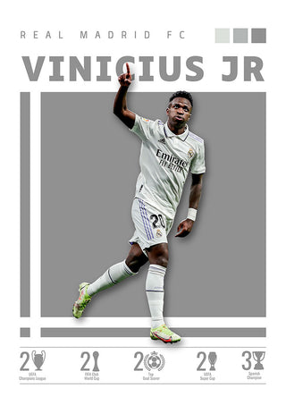 Vinicius Jr. in Real Madrid kit celebrating, featured on a stylish football poster with club achievements icons.