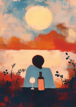 Abstract art for "Time Alone" by Martin Zen; person with wine gazes at sunset over water, surrounded by plants.