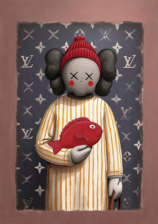 Kaws n Fish by Danii Steinfeldt featuring a KAWS-inspired figure in striped pajamas holding a red fish.