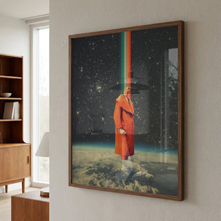 Framed Spacecolor - Frank Moth artwork showing a surreal figure with rainbow beam under a starry sky.
