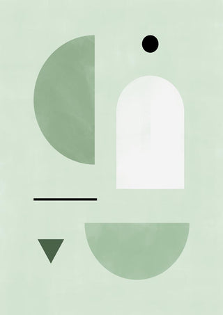 Abstract geometric shapes in soft green, white, and black tones showcase a soothing pastel color palette.