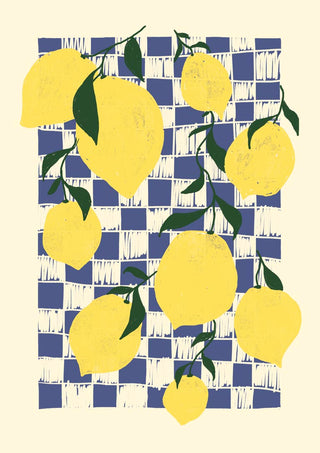 Illustration of fresh lemons with green leaves against a blue and white checkered background.