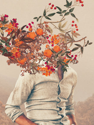 Surreal portrait of a person with their head replaced by vibrant flowers and foliage, Roots Bright by Frank Moth.