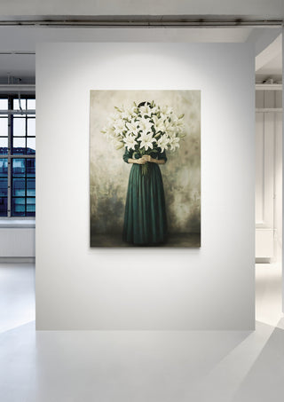 Painting of a woman in a green dress holding a large bouquet of white lilies, displayed on a gallery wall.