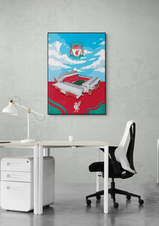 Anfield Liverpool Stadium Football Poster hanging on a modern office wall above a white desk and chair.