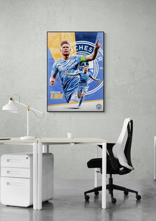 Kevin De Bruyne Football Poster on a wall above a modern office desk and chair.