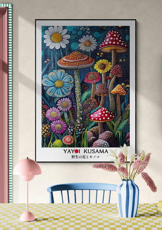 Colorful Yayoi Kusama "The Daisy" art print with vibrant flowers and mushrooms, framed on a wall above a table.