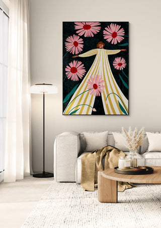 Rise Up by Bea Muller wall art displayed above a modern sofa in a cozy, sunlit living room.