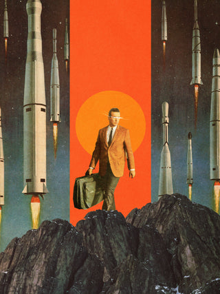 Surreal collage of a man with a suitcase on rocks, surrounded by rocket launches and an orange sun backdrop.