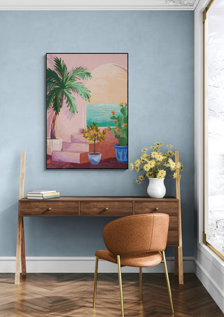 Stairway To Paradise - Goed Blauw artwork hanging above a wooden desk in a modern, light blue room.