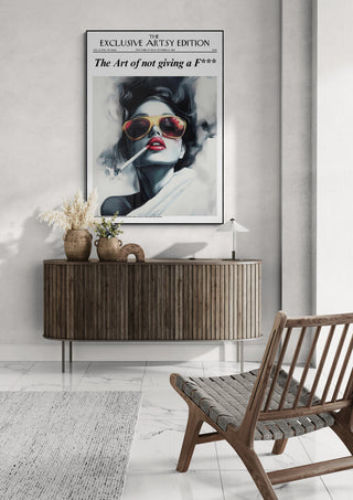 Modern living room with a wooden console and wall art titled "The Art of not giving a f***" for Blogger Edition.