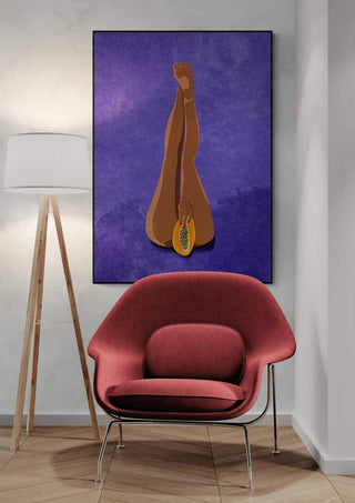 My Papaya by Raissa Oltmanns artwork above a red chair and floor lamp in a modern room.
