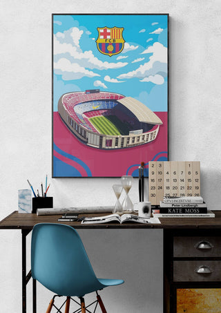 Camp Nou Barcelona Football Poster hanging above a desk, featuring the stadium and club crest against a colorful sky.