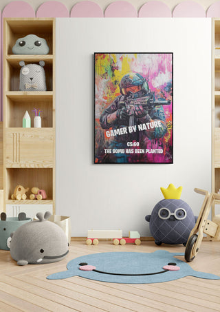 Colorful CS:GO gamer poster on a kids' room wall, featuring a soldier and the text "The bomb has been planted."