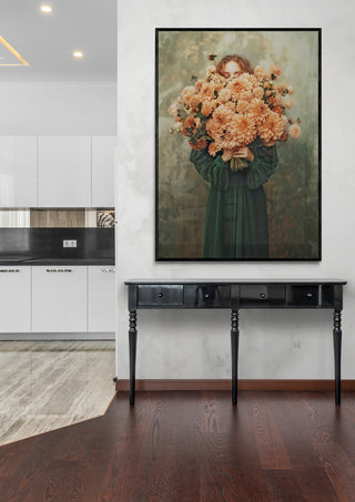 Annika Persson's "Embrace" art print featuring a figure holding a large bouquet of orange flowers.